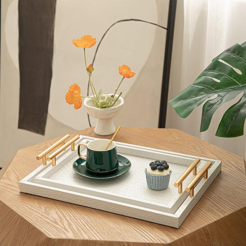 MACVAD Set of 2 Modern Elegant Large Wood Serving Tray, Rectangle Decorative Tray Ottoman Tay Coffee Table Tray, Pearl White Crocodile Leather with Gold Polished Metal Handles - Image 2